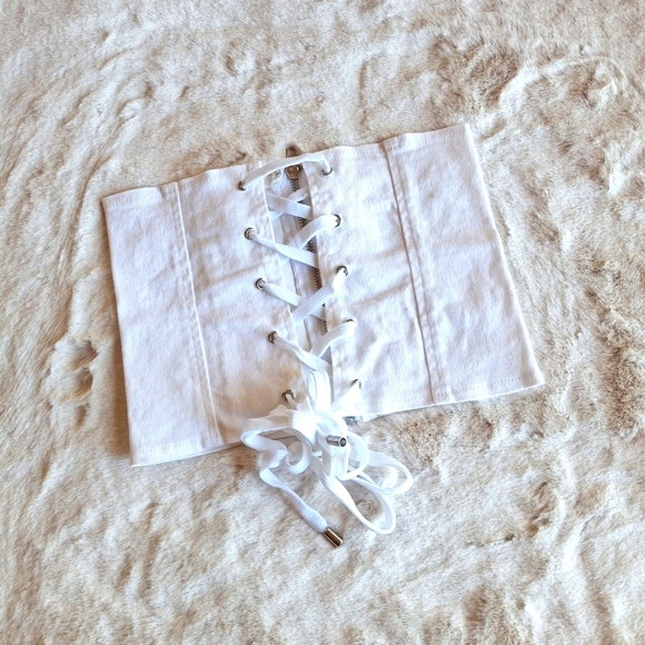 White Denim Corset Crop Top Small Jean Tie Up Back Zip Up - Picture 1 of 4